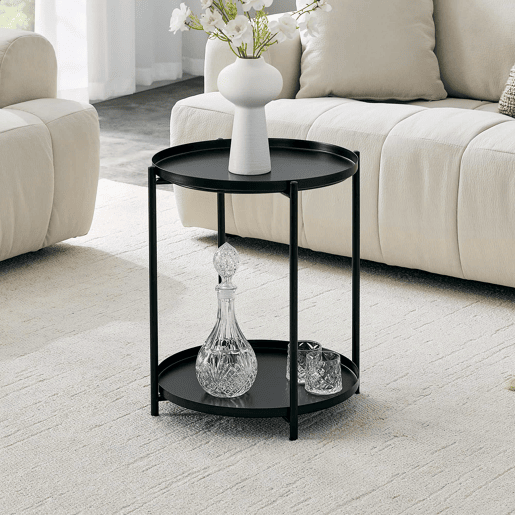 Mesa auxiliar redonda 42x52 cm - 2 níveis com estrutura metálica, prateleira de arrumação, estilo nórdico moderno - Preto
