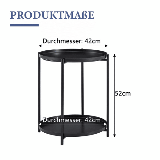 Mesa auxiliar redonda 42x52 cm - 2 níveis com estrutura metálica, prateleira de arrumação, estilo nórdico moderno - Preto