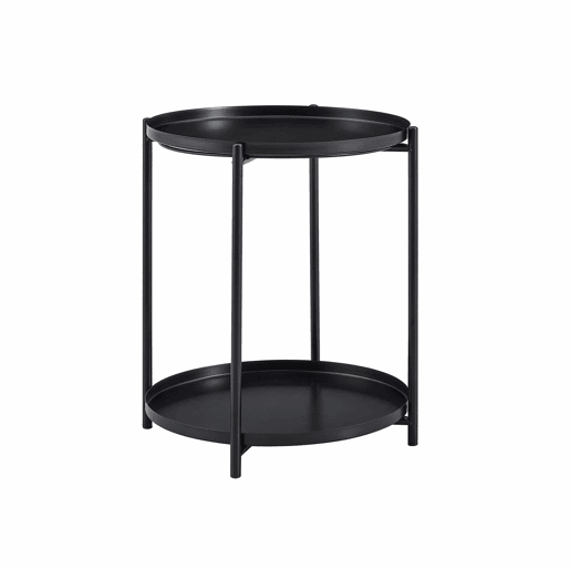 Mesa auxiliar redonda 42x52 cm - 2 níveis com estrutura metálica, prateleira de arrumação, estilo nórdico moderno - Preto