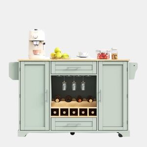 Carrinho de cozinha 120x4570x92 cm u2013 ilha móvel com bancada rebatível, suporte para garrafas, porta-copos, prateleira para especiarias e toalheiro u2013 verde antigo