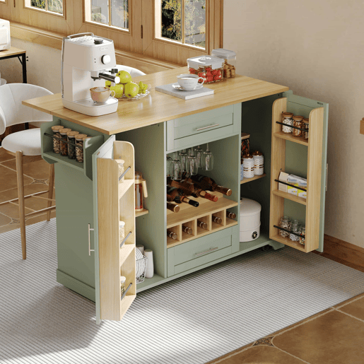 Carrinho de cozinha 120x4570x92 cm u2013 ilha móvel com bancada rebatível, suporte para garrafas, porta-copos, prateleira para especiarias e toalheiro u2013 verde antigo