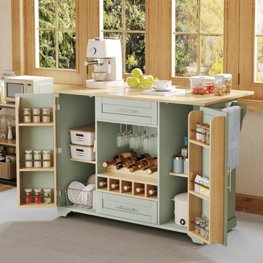 Carrinho de cozinha 120x4570x92 cm u2013 ilha móvel com bancada rebatível, suporte para garrafas, porta-copos, prateleira para especiarias e toalheiro u2013 verde antigo