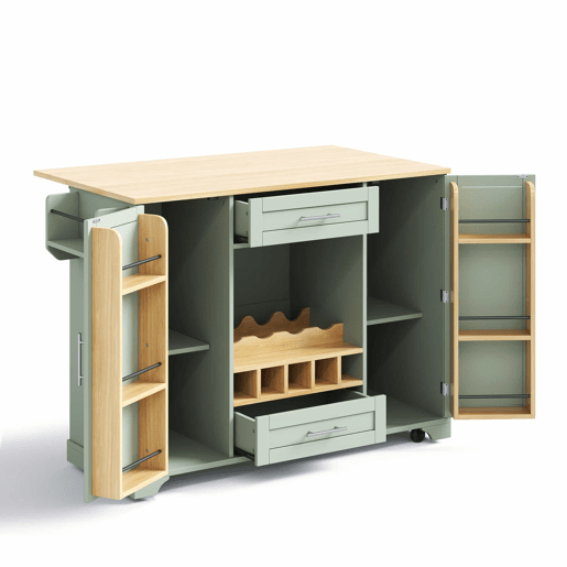 Carrinho de cozinha 120x4570x92 cm u2013 ilha móvel com bancada rebatível, suporte para garrafas, porta-copos, prateleira para especiarias e toalheiro u2013 verde antigo