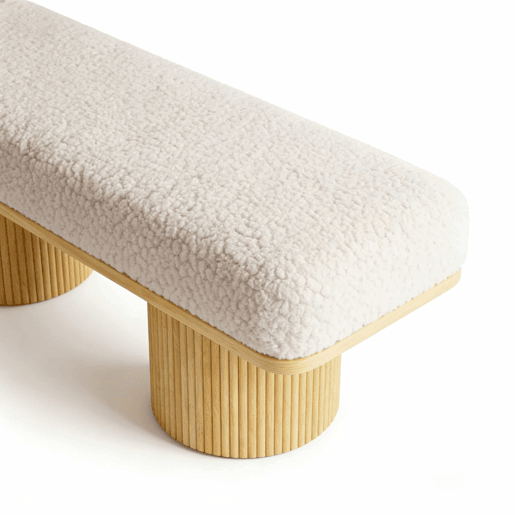 Banco estofado de 122 cm u2014 estofamento em pelúcia Teddy com base em madeira maciça para o quarto e a entrada u2014 natural Banco estofado de 122 cm u2014 estofamento em pelúcia Teddy com base em madeira maciça para o quarto e a entrada u2014 natural