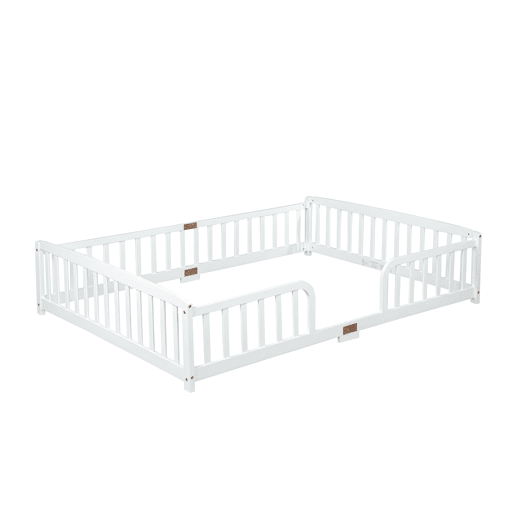 Cama infantil 140x200 cm - em madeira de pinho, com grades de segurança e acesso central - Branca