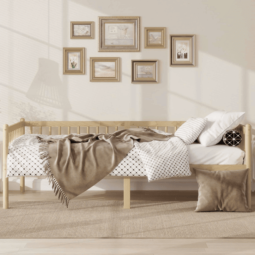 Cama-cesto 90x200 cm - Sofá-cama em madeira de pinho com grades em 3 lados e 14 ripas - Natural