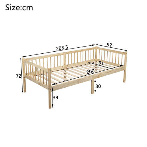 Cama-cesto 90x200 cm - Sofá-cama em madeira de pinho com grades em 3 lados e 14 ripas - Natural