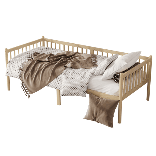 Cama-cesto 90x200 cm - Sofá-cama em madeira de pinho com grades em 3 lados e 14 ripas - Natural