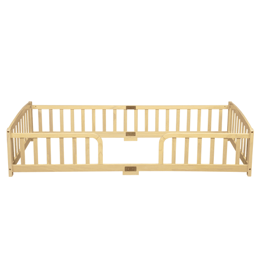 Cama Montessori 90 x 200 cm u2013 com grades de segurança, entrada central, madeira de pinho u2013 natural