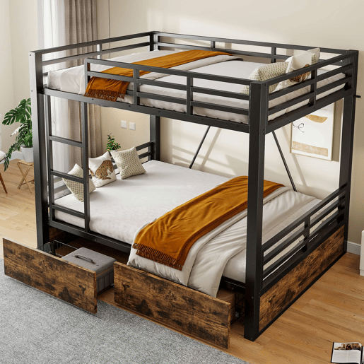 Beliche infantil em metal 140x200 cm u2014 com gavetas, poupa espaço, escada e grade de segurança u2014 preto Beliche infantil em metal 140x200 cm u2014 com gavetas, poupa espaço, escada e grade de segurança u2014 preto