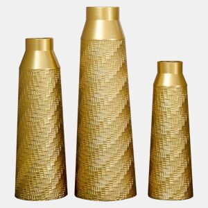 Vasos de chão metálicos, conjunto de 3 peças + tamanho grande - design texturado, parcialmente trabalhados à mão, decorativos para a sala de estar e o hall de entrada, não impermeáveis - dourado e branco