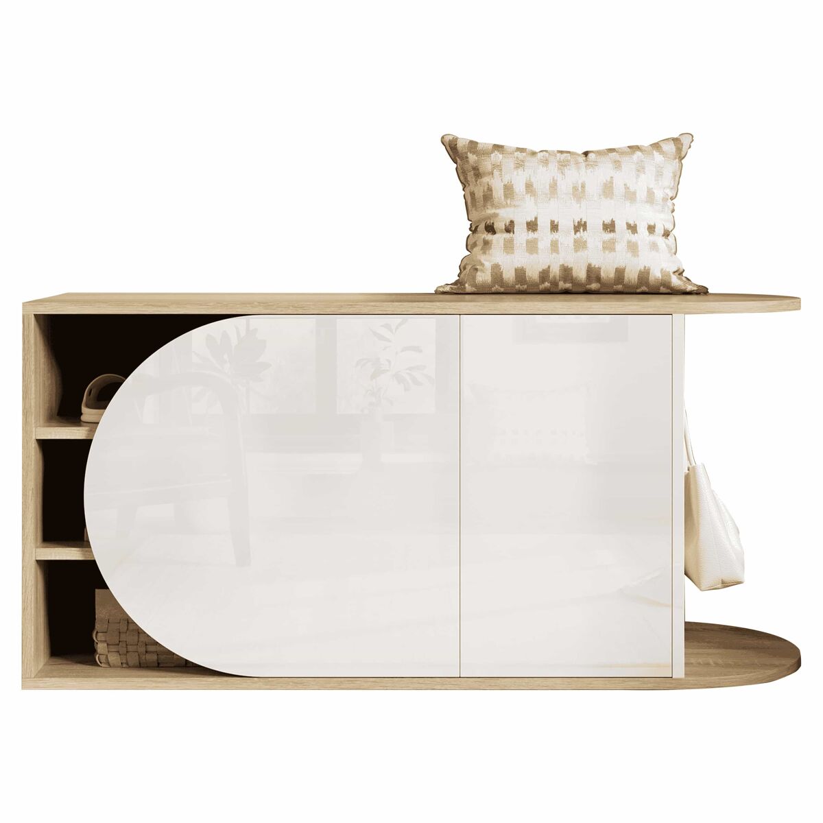 Zapatero 104x37x50 cm - estilo francés, acabado brillante, banco zapatero con 1 puerta semicircular, 1 puerta rectangular y gancho lateral - blanco y