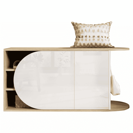 Armário para sapatos 104 x 37 x 50 cm - estilo francês, acabamento brilhante, armário para sapatos com 1 porta semicircular, 1 porta retangular e gancho lateral - branco e madeira natural Armário para sapatos 104 x 37 x 50 cm - estilo francês, acabamento brilhante, armário para sapatos com 1 porta semicircular, 1 porta retangular e gancho lateral - branco e madeira natural