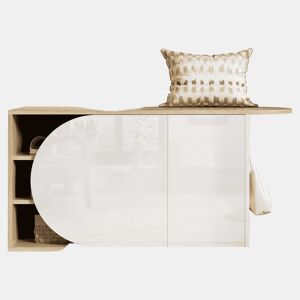 Armário para sapatos 104 x 37 x 50 cm - estilo francês, acabamento brilhante, armário para sapatos com 1 porta semicircular, 1 porta retangular e gancho lateral - branco e madeira natural