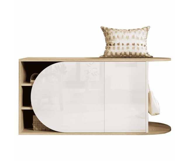 Zapatero 104x37x50 cm - estilo francés, acabado brillante, banco zapatero con 1 puerta semicircular, 1 puerta rectangular y gancho lateral - blanco y