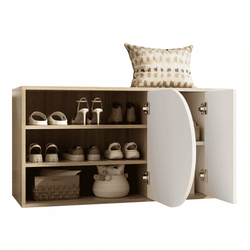 Armário para sapatos 104 x 37 x 50 cm - estilo francês, acabamento brilhante, armário para sapatos com 1 porta semicircular, 1 porta retangular e gancho lateral - branco e madeira natural Armário para sapatos 104 x 37 x 50 cm - estilo francês, acabamento brilhante, armário para sapatos com 1 porta semicircular, 1 porta retangular e gancho lateral - branco e madeira natural