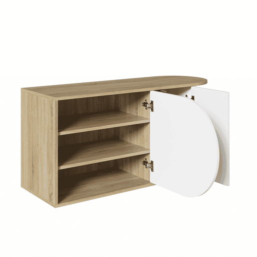Armário para sapatos 104 x 37 x 50 cm - estilo francês, acabamento brilhante, armário para sapatos com 1 porta semicircular, 1 porta retangular e gancho lateral - branco e madeira natural Armário para sapatos 104 x 37 x 50 cm - estilo francês, acabamento brilhante, armário para sapatos com 1 porta semicircular, 1 porta retangular e gancho lateral - branco e madeira natural