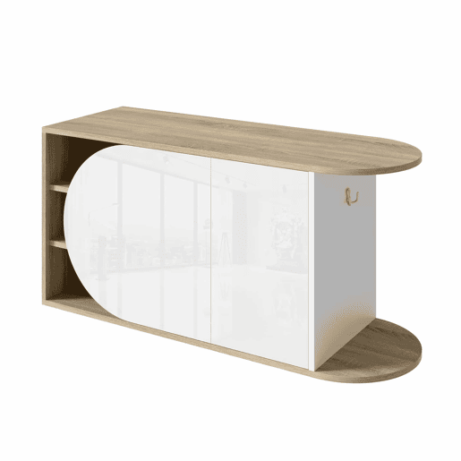 Armário para sapatos 104 x 37 x 50 cm - estilo francês, acabamento brilhante, armário para sapatos com 1 porta semicircular, 1 porta retangular e gancho lateral - branco e madeira natural Armário para sapatos 104 x 37 x 50 cm - estilo francês, acabamento brilhante, armário para sapatos com 1 porta semicircular, 1 porta retangular e gancho lateral - branco e madeira natural