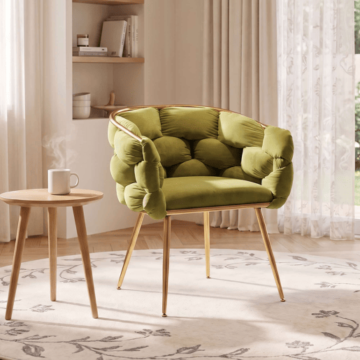 Poltrona auxiliar 58x59x69 cm - moderna, com estrutura metálica e estofamento confortável, para o quarto, sala de estar e sala de jantar - verde-oliva Poltrona auxiliar 58x59x69 cm - moderna, com estrutura metálica e estofamento confortável, para o quarto, sala de estar e sala de jantar - verde-oliva