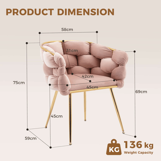 Poltrona auxiliar 58x59x69 cm - Moderna, com estrutura metálica e estofo elegante, para o quarto e a sala - Rosa