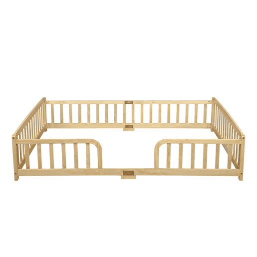 Cama Montessori 140 x 200 cm u2014 com grades de segurança e entrada central em madeira de pinho u2014 Natural