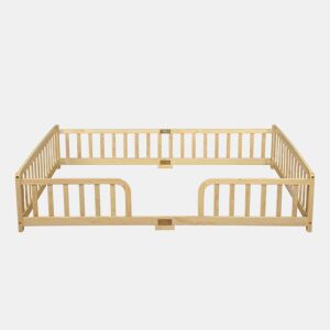 Cama Montessori 140 x 200 cm u2014 com grades de segurança e entrada central em madeira de pinho u2014 Natural