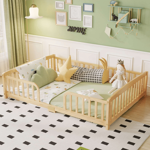 Cama Montessori 140 x 200 cm u2014 com grades de segurança e entrada central em madeira de pinho u2014 Natural