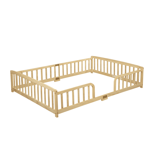Cama Montessori 140 x 200 cm u2014 com grades de segurança e entrada central em madeira de pinho u2014 Natural