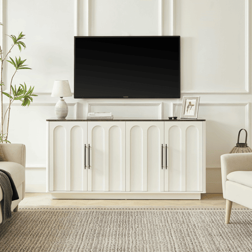 Aparador de 160 cm - frente arqueada, 4 portas, dobradiças com fecho suave, sistema anti-tombamento, armário de arrumação para sala de estar e sala de jantar - branco e preto Aparador de 160 cm - frente arqueada, 4 portas, dobradiças com fecho suave, sistema anti-tombamento, armário de arrumação para sala de estar e sala de jantar - branco e preto