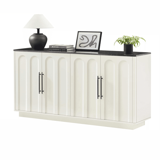 Aparador de 160 cm - frente arqueada, 4 portas, dobradiças com fecho suave, sistema anti-tombamento, armário de arrumação para sala de estar e sala de jantar - branco e preto Aparador de 160 cm - frente arqueada, 4 portas, dobradiças com fecho suave, sistema anti-tombamento, armário de arrumação para sala de estar e sala de jantar - branco e preto