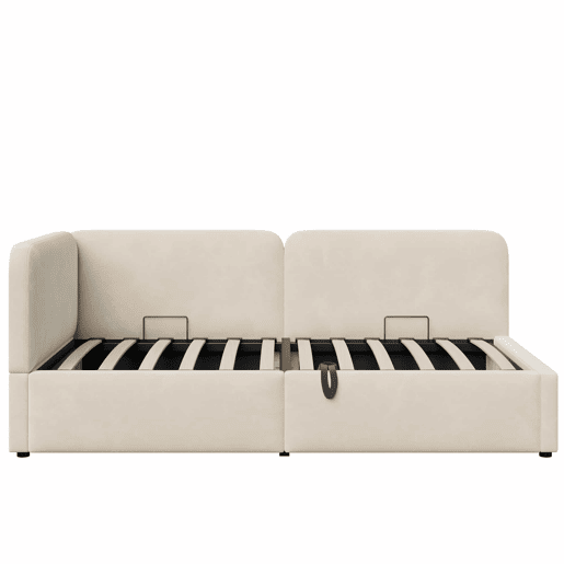 Cama estofada 90x200 - Sofá-cama em veludo com arrumação hidráulica, cabeceira alta e encosto intercambiável - Bege Cama estofada 90x200 - Sofá-cama em veludo com arrumação hidráulica, cabeceira alta e encosto intercambiável - Bege