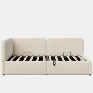 Cama estofada 90x200 - Sofá-cama em veludo com arrumação hidráulica, cabeceira alta e encosto intercambiável - Bege