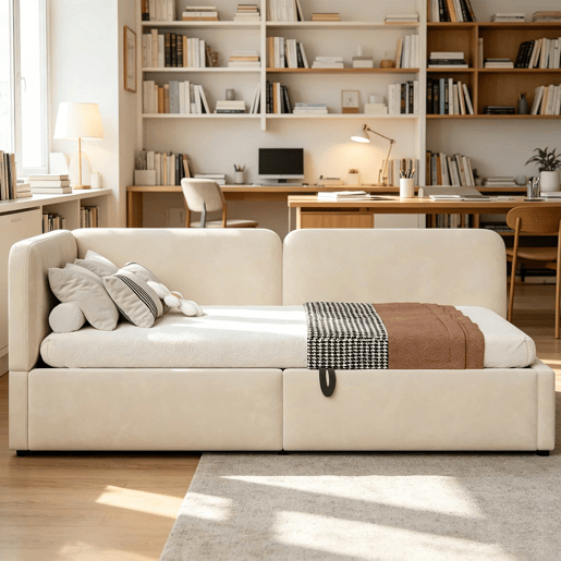 Cama estofada 90x200 - Sofá-cama em veludo com arrumação hidráulica, cabeceira alta e encosto intercambiável - Bege Cama estofada 90x200 - Sofá-cama em veludo com arrumação hidráulica, cabeceira alta e encosto intercambiável - Bege