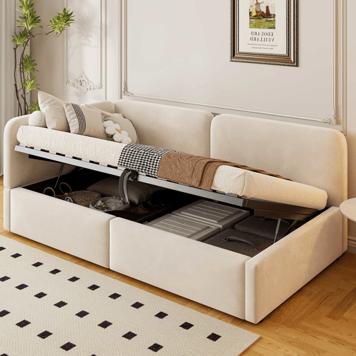 Cama estofada 90x200 - Sofá-cama em veludo com arrumação hidráulica, cabeceira alta e encosto intercambiável - Bege Cama estofada 90x200 - Sofá-cama em veludo com arrumação hidráulica, cabeceira alta e encosto intercambiável - Bege