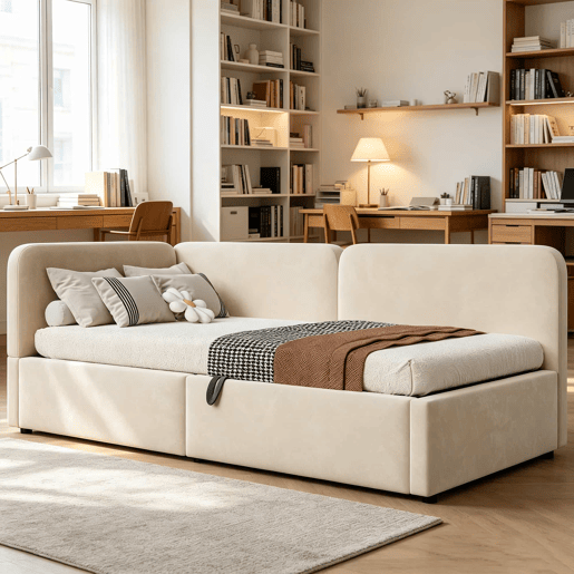 Cama estofada 90x200 - Sofá-cama em veludo com arrumação hidráulica, cabeceira alta e encosto intercambiável - Bege Cama estofada 90x200 - Sofá-cama em veludo com arrumação hidráulica, cabeceira alta e encosto intercambiável - Bege