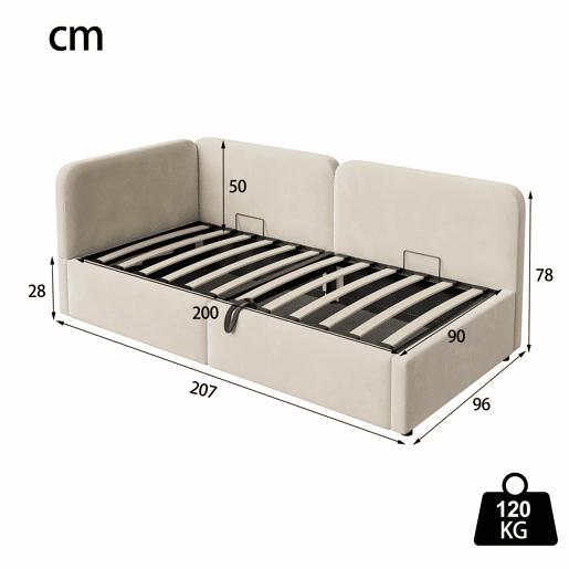 Cama estofada 90x200 - Sofá-cama em veludo com arrumação hidráulica, cabeceira alta e encosto intercambiável - Bege Cama estofada 90x200 - Sofá-cama em veludo com arrumação hidráulica, cabeceira alta e encosto intercambiável - Bege