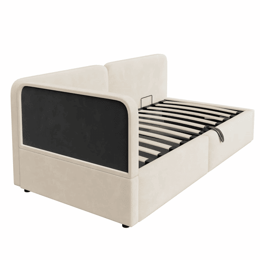 Cama estofada 90x200 - Sofá-cama em veludo com arrumação hidráulica, cabeceira alta e encosto intercambiável - Bege Cama estofada 90x200 - Sofá-cama em veludo com arrumação hidráulica, cabeceira alta e encosto intercambiável - Bege