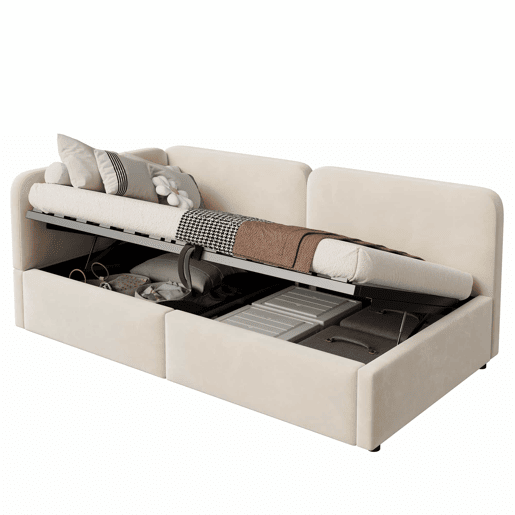 Cama estofada 90x200 - Sofá-cama em veludo com arrumação hidráulica, cabeceira alta e encosto intercambiável - Bege Cama estofada 90x200 - Sofá-cama em veludo com arrumação hidráulica, cabeceira alta e encosto intercambiável - Bege