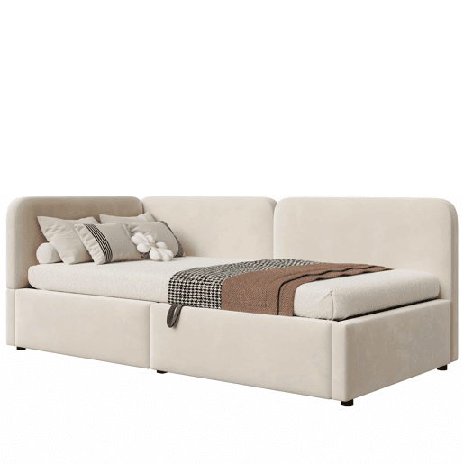 Cama estofada 90x200 - Sofá-cama em veludo com arrumação hidráulica, cabeceira alta e encosto intercambiável - Bege Cama estofada 90x200 - Sofá-cama em veludo com arrumação hidráulica, cabeceira alta e encosto intercambiável - Bege
