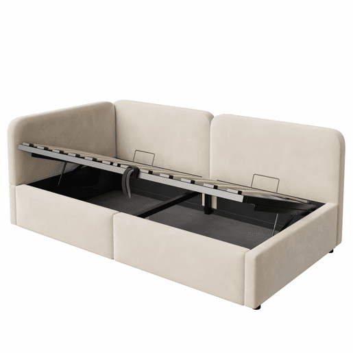 Cama estofada 90x200 - Sofá-cama em veludo com arrumação hidráulica, cabeceira alta e encosto intercambiável - Bege Cama estofada 90x200 - Sofá-cama em veludo com arrumação hidráulica, cabeceira alta e encosto intercambiável - Bege