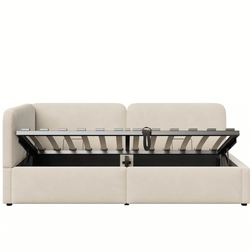 Cama estofada 90x200 - Sofá-cama em veludo com arrumação hidráulica, cabeceira alta e encosto intercambiável - Bege Cama estofada 90x200 - Sofá-cama em veludo com arrumação hidráulica, cabeceira alta e encosto intercambiável - Bege