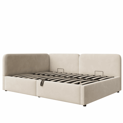 Cama estofada 140x200 cm - com arrumação hidráulica, cabeceira alta, encosto intercambiável, sofá-cama em veludo - Bege Cama estofada 140x200 cm - com arrumação hidráulica, cabeceira alta, encosto intercambiável, sofá-cama em veludo - Bege