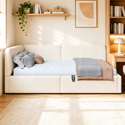 Cama estofada 140x200 cm - com arrumação hidráulica, cabeceira alta, encosto intercambiável, sofá-cama em veludo - Bege Cama estofada 140x200 cm - com arrumação hidráulica, cabeceira alta, encosto intercambiável, sofá-cama em veludo - Bege