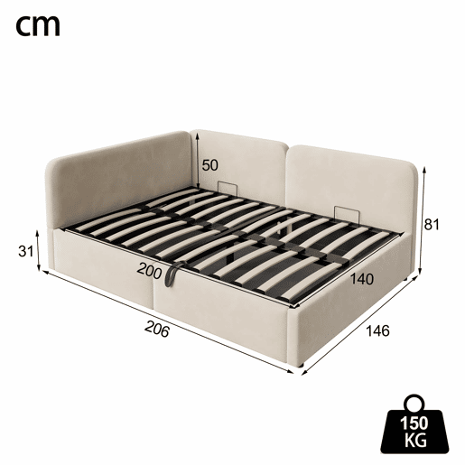 Cama estofada 140x200 cm - com arrumação hidráulica, cabeceira alta, encosto intercambiável, sofá-cama em veludo - Bege Cama estofada 140x200 cm - com arrumação hidráulica, cabeceira alta, encosto intercambiável, sofá-cama em veludo - Bege