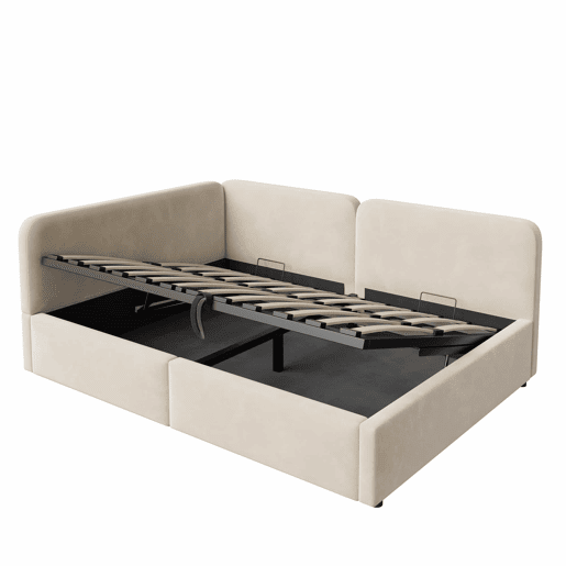 Cama estofada 140x200 cm - com arrumação hidráulica, cabeceira alta, encosto intercambiável, sofá-cama em veludo - Bege Cama estofada 140x200 cm - com arrumação hidráulica, cabeceira alta, encosto intercambiável, sofá-cama em veludo - Bege