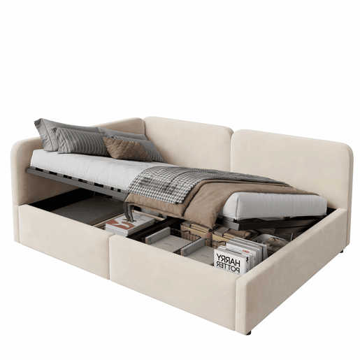 Cama estofada 140x200 cm - com arrumação hidráulica, cabeceira alta, encosto intercambiável, sofá-cama em veludo - Bege Cama estofada 140x200 cm - com arrumação hidráulica, cabeceira alta, encosto intercambiável, sofá-cama em veludo - Bege