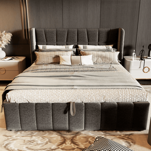 Cama estofada 180x200 cm - de casal com base de colchão, cabeceira e arrumação hidráulica-pneumática - Cinza Cama estofada 180x200 cm - de casal com base de colchão, cabeceira e arrumação hidráulica-pneumática - Cinza