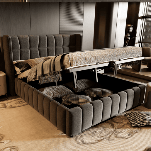 Cama estofada 180x200 cm - de casal com base de colchão, cabeceira e arrumação hidráulica-pneumática - Cinza Cama estofada 180x200 cm - de casal com base de colchão, cabeceira e arrumação hidráulica-pneumática - Cinza