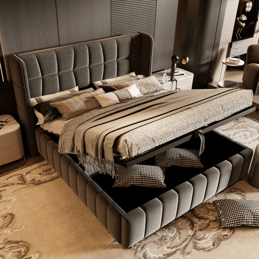 Cama estofada 180x200 cm - de casal com base de colchão, cabeceira e arrumação hidráulica-pneumática - Cinza Cama estofada 180x200 cm - de casal com base de colchão, cabeceira e arrumação hidráulica-pneumática - Cinza