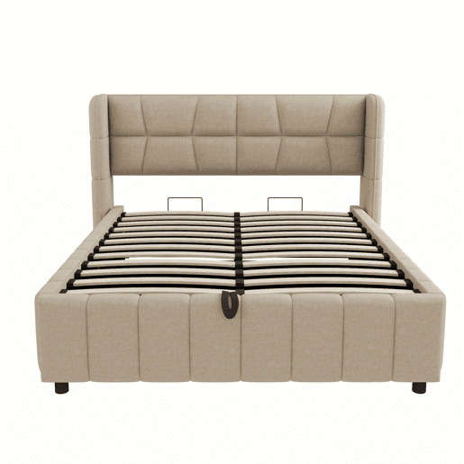 Cama estofada 140x200 cm - com encosto, arrumação hidráulica-pneumática, estrutura em linho - Bege